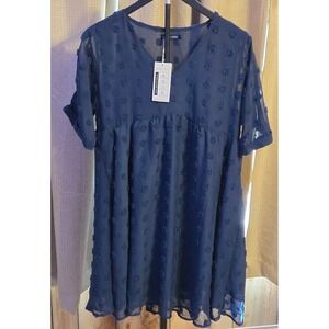 NWT Suprelook V-Neck Sheer‎ Dot Dress Women's Size Small Navy